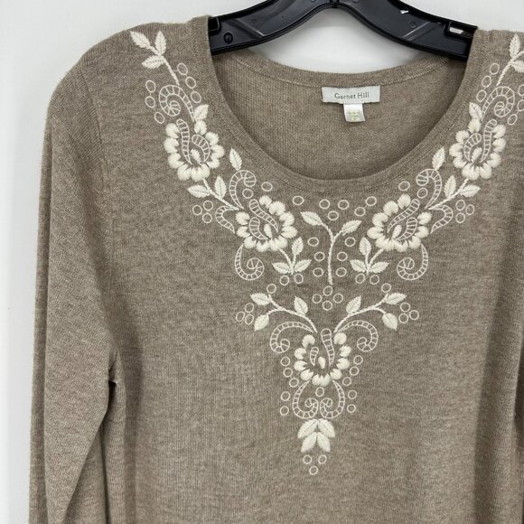 Garnet Hill Floral Embroidered Sweater M Lambswool Cashmere Angora Tan Cream - Picture 4 of 7